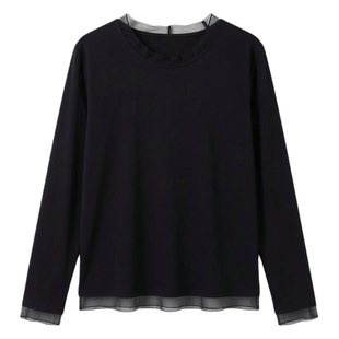 大码胖mm巨好看上衣深灰色网纱拼接女人味正肩宽松遮肚针织打底衫