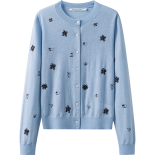 【100%羊毛】播商场同款独特刺绣圆领开衫女春秋新款BDS1UD1125