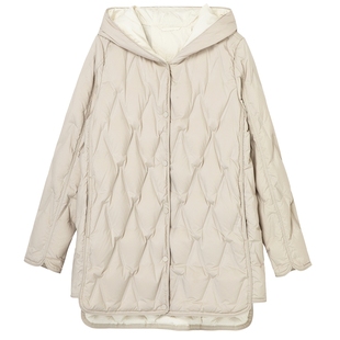 布景羽绒服女冬季新品简约菱格设计感连帽白鸭绒保暖宽松外套5567