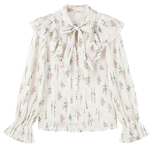 MISSCOCOON可可尼宽松碎花上衣女2026春季新款森系荷叶边苎麻衬衫