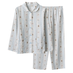 小熊印花格纹睡衣女款春夏季纯棉纱布双层薄款长袖长裤家居服套装