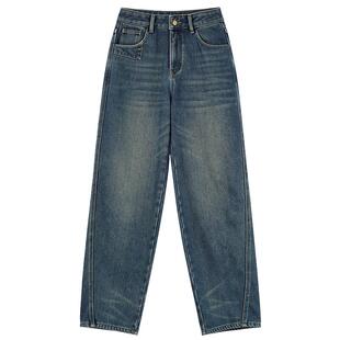 秋水伊人时尚简约裤子2025年冬季新款经典直筒版型高腰加绒牛仔裤