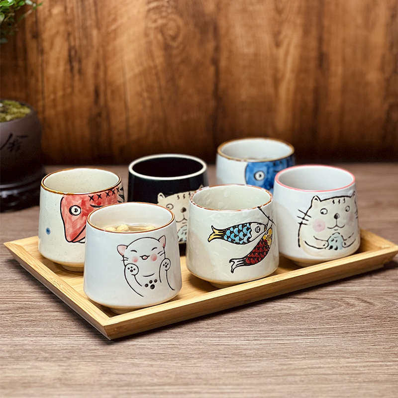 日式复古彩绘陶瓷茶杯直身杯手绘和风酒杯喝茶水杯杯子单个小茶杯