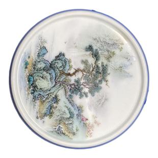 江西省高工艺美术师王钢手绘釉上彩青绿山水9cm景德镇瓷盖置包邮