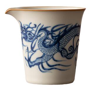 米黄汝窑直身青花龙纹公道杯单个陶瓷家用开片可养茶海分茶器功夫