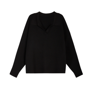 NEVA HU黑色polo领套头毛衣女外穿2025秋季韩版宽松慵懒针织上衣