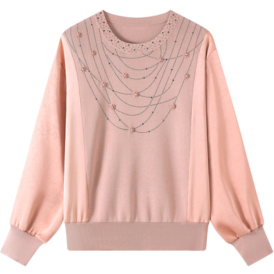 洋气妈妈春装薄款针织衫女宽松桑蚕丝上衣特大码中老年钉珠打底衫