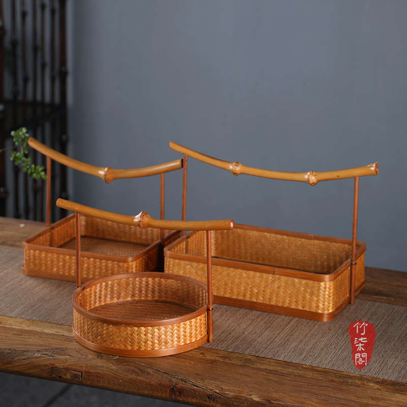 中式筇竹手工竹编紫竹手提食盒长方形圆形提篮水果篮茶点收纳竹篮