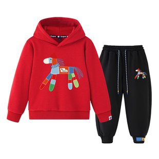 NYZK马年红色男童套装2026新款加绒洋气时髦帅气儿童女童冬装年服