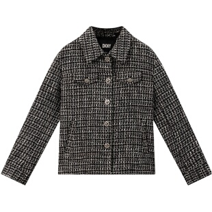 DKNY唐可娜儿秋冬女装经典小香风复古黑白格纹粗花呢翻领外套上衣