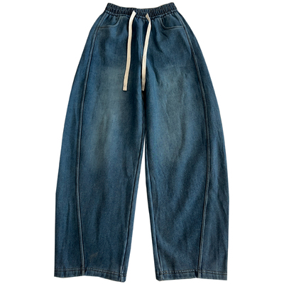 日系复古做旧松紧腰牛仔裤女加绒