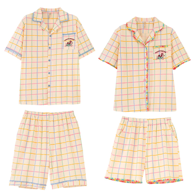 情侣纯棉睡衣夏季短袖翻领格子男女家居服开衫纽扣套装薄款可外穿