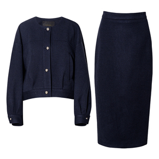 罗衣知性深蓝套装春季法式肌理短外套+半身裙通勤两件套套裙12889