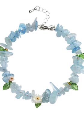 卡洛美碎石花环手链女清新浅蓝色海蓝宝手串设计感百搭简约手饰品