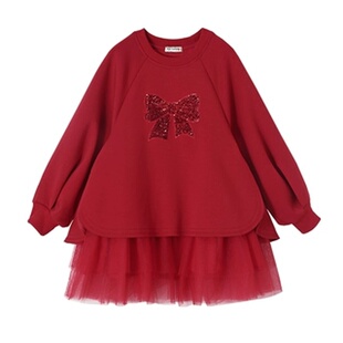 女童连衣裙儿童红色蝴蝶结亮片公主裙秋冬生日礼服裙子童装衣服