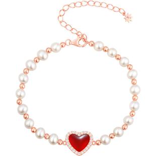 红运聚财 SIMPLEJOYS复古红心珍珠手链女s925银爱心天然红玛瑙