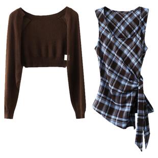 【大额立减】春秋韩系上衣小个子独特别致格纹衬衫针织外套两件套