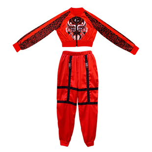 中国风爵士舞街舞套装脸谱贺新年舞蹈服装女团演出服红色大鼓成人