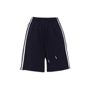 藏青色条纹运动短裤女夏季薄款高腰宽松大码胖mm显瘦阔腿休闲裤子