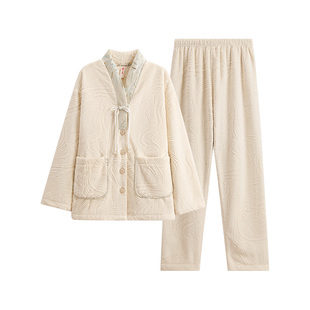 芬腾女士睡衣珊瑚绒秋冬季保暖套装新中式女款宽松加绒加厚家居服