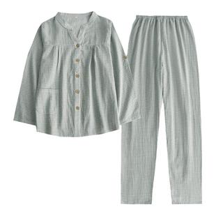 日系千鸟格夏天睡衣女士春秋季色织纯棉纱布薄款长袖家居服套装