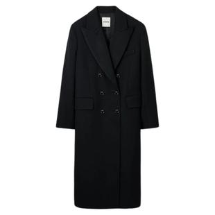 季末6折SANDRO2025秋冬新款女装黑色双排扣羊毛混纺过膝修身大衣