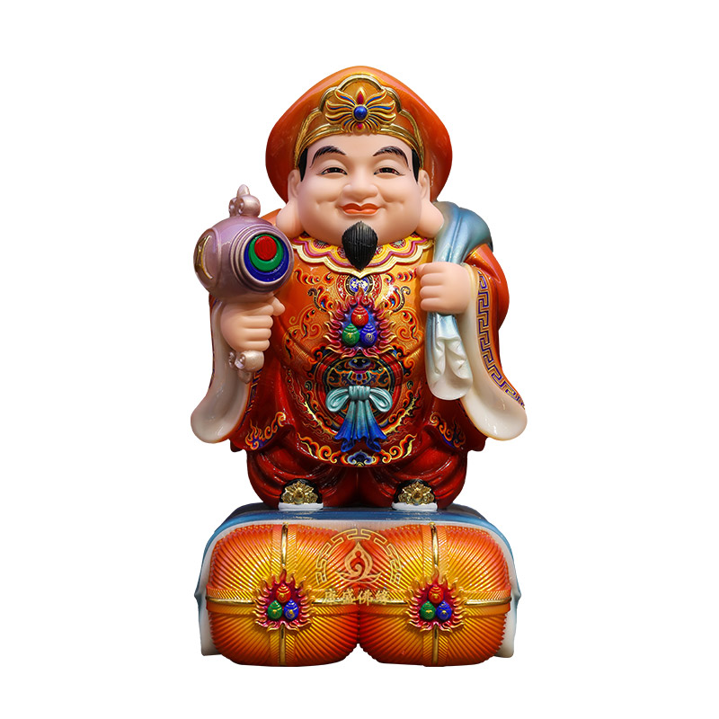 大黑天财神像汉白玉古彩客厅摆件