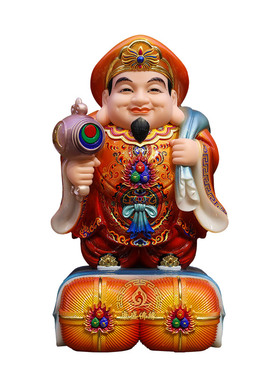 大黑天财神像汉白玉古彩客厅摆件