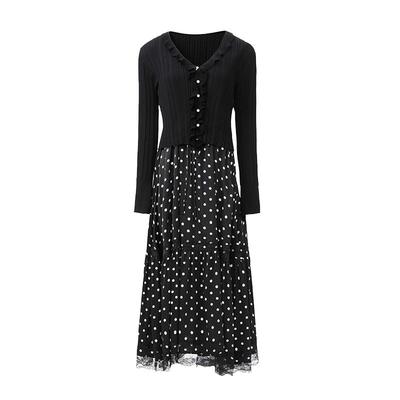 sdeer圣迪奥女装法式木耳边波点针织吊带裙套装S243Z1424