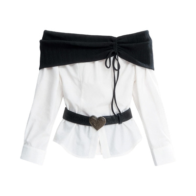 FragileHeart黑白撞色一字肩T恤