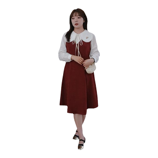 蓝若水大码女装法式V领压褶背带裙胖MM春装气质淑女收腰连衣裙