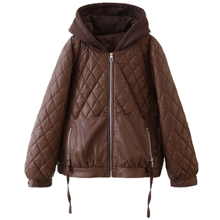 绿素棉 菱格拼接连帽大口袋PU皮皮衣棉衣女 冬装加绒大码机车外套