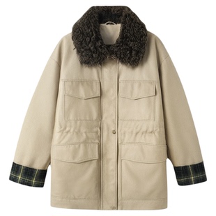 25秋冬季新款女士可脱御皮草领复古工装宽松中长夹克老钱羽绒外套