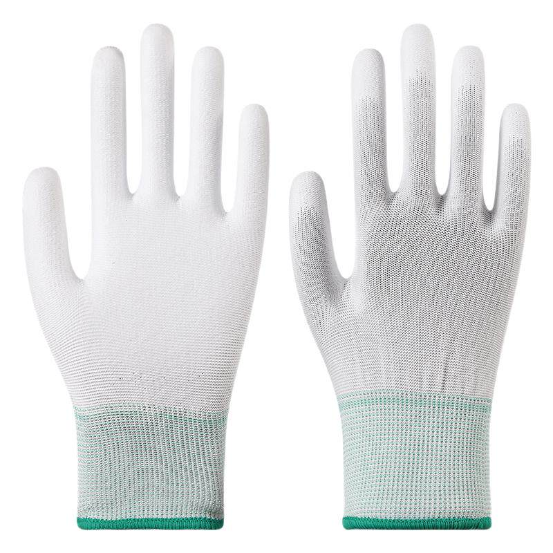 36双薄款白色尼龙PU涂指手套涂胶浸胶涂掌电子无尘防静电劳保手套