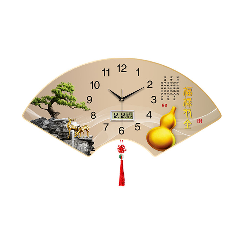 福鹿双全万年历装饰画静音挂钟