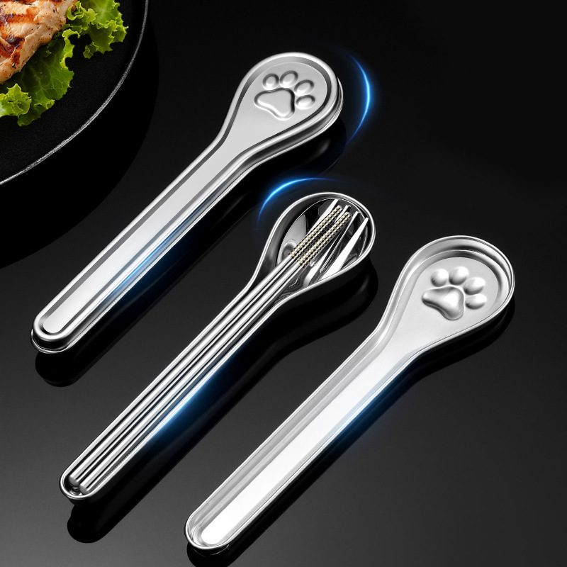 304不锈钢筷子勺子套装便携式猫爪一人儿童用小学生盒外带餐具