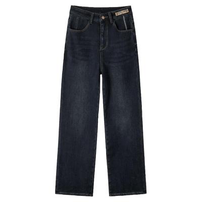 复古加绒牛仔裤女秋冬季直筒阔腿