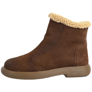 脱毒家 牛皮加绒保暖棉靴舒适低跟平底女鞋森系真皮时尚雪地靴女