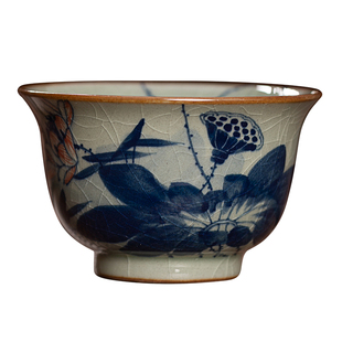 老泥青花手绘荷花品茗杯主人陶瓷单杯写意画茶杯铃铛杯客人杯茶具