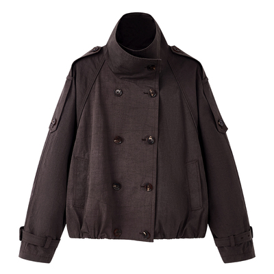 BLINK/水洗棉复古设计感烟囱领双排扣短款廓型外套