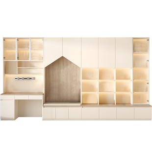 奶油风去客厅化书柜书桌一体组合定制满墙书架卡座储物柜到顶F79