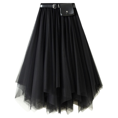 8808-送腰带不规则半身裙中长款