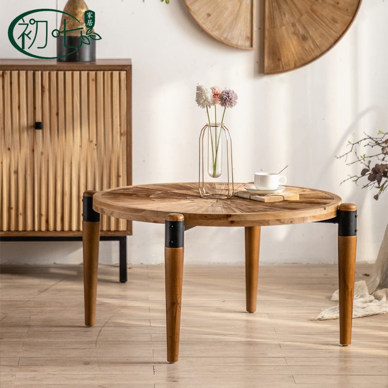 美式茶几实木小圆桌家用客厅茶桌感中古阳台设计桌民宿小户型咖啡