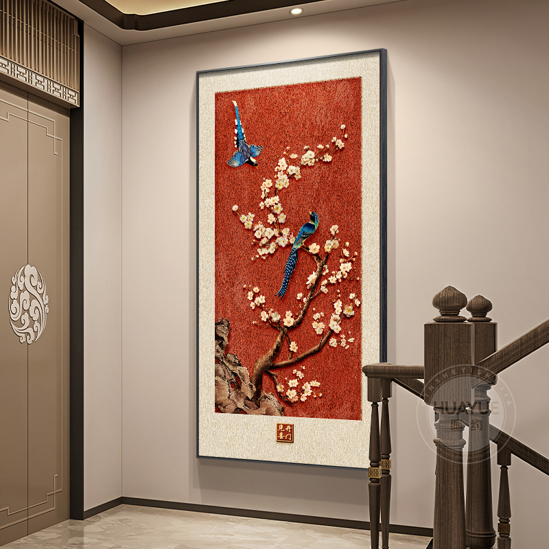 喜上枝头玄关装饰画新中式花鸟过道走廊挂画高级感寓意好竖版壁画