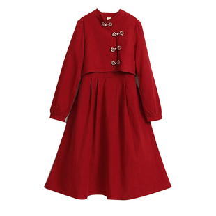 女童新中式红色连衣裙拜年服秋冬新款中大童喜庆公主裙加绒新年裙