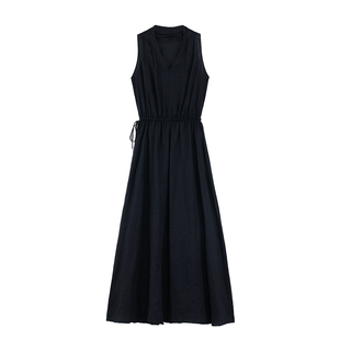 pusumede清冷感 100%亚麻连衣裙女气质背心裙挂脖v领收腰无袖长裙