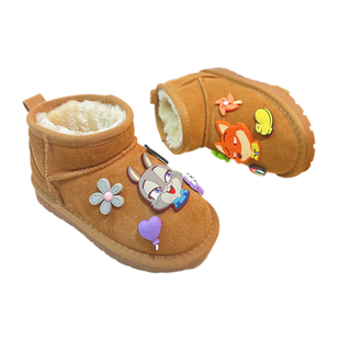 公主风女童栗色雪地靴女款2025新款冬季鞋子防寒保暖棉鞋低帮棉靴