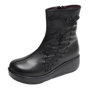 一席之地靴子女百搭加绒棉靴妈妈舒适短靴坡跟厚底中筒靴真皮女靴