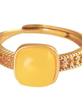 新中式方糖蜜蜡戒指女S925银