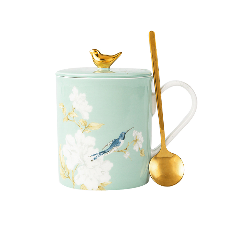 高淳陶瓷鹊登高枝带盖水杯马克杯描金骨瓷家用送礼伴手礼茶杯带勺